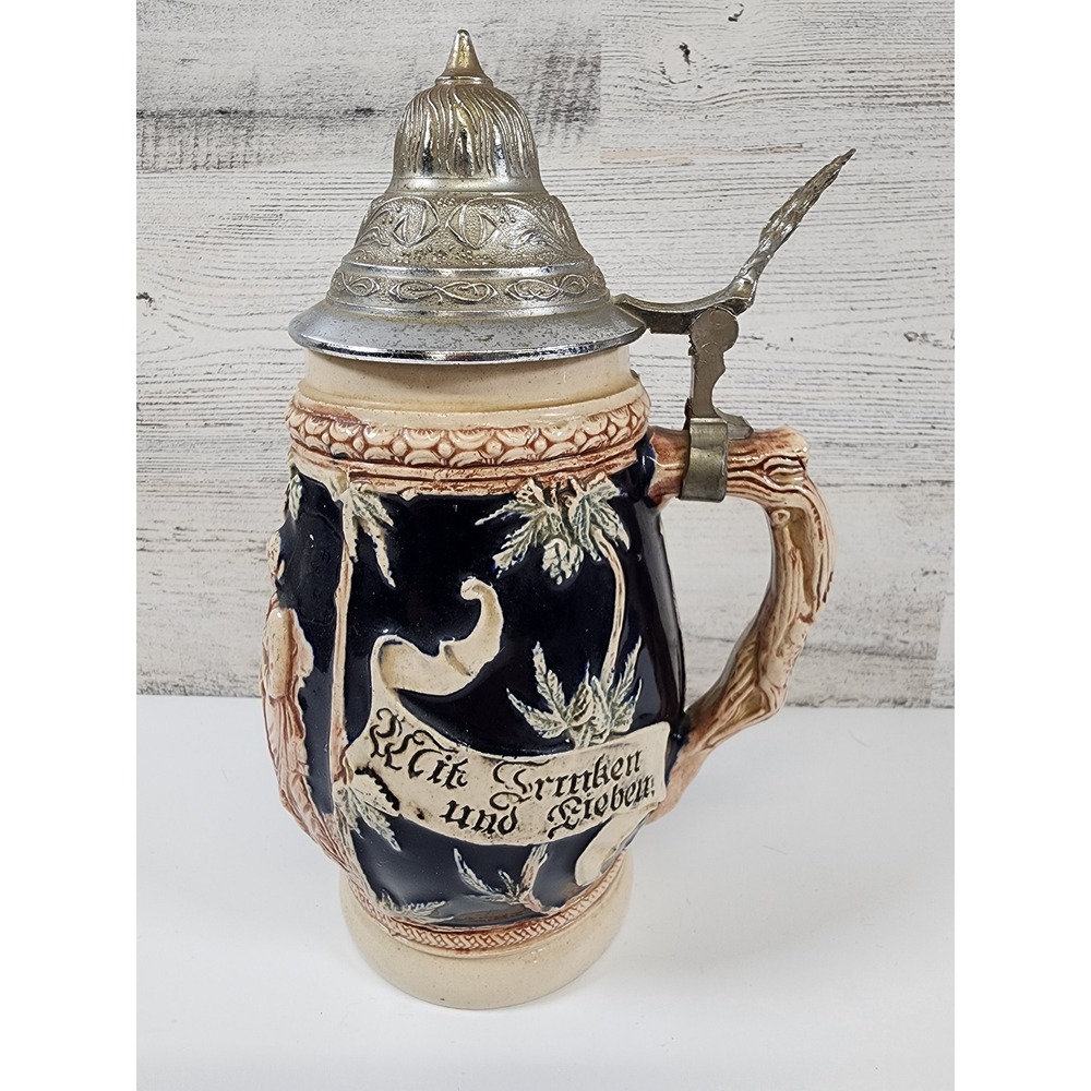 Beer Stein Blue German Tavern Scene Lidded